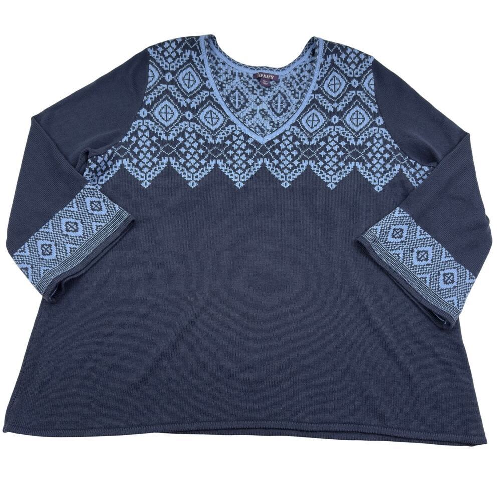 Roaman's Fairisle V-Neck Flare Sleeve Knit Pullover Sweater Women's 3X (30-32)